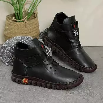 НОВЫЕ зимние женские хлопковые ботинки на мягкой подошве с прошитой вручную подошвой. 2023 Новые плюшевые и теплые противоскользящие короткие ботинки на шнуровке. 35 красный