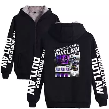 НОВЫЕ зимние женские и мужские модные утолщенные и бархатные толстовки, повседневные THE WORLD EP.2 OUTLAW KPOP, утолщенная толстовка на молнии с принтом, спортивная толстовка на открытом воздухе L чёрный