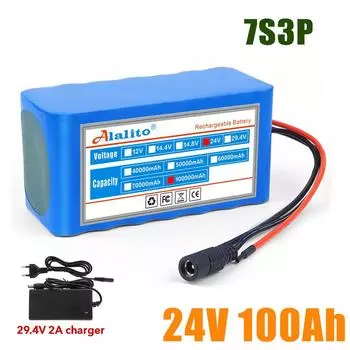 НОВЫЙ 24 В 7S3P 18650 литий-ионный аккумулятор 100 Ач с 20 А сбалансированной BMS для электроскутера, инвалидной коляски, + зарядное устройство 2 А зелёный