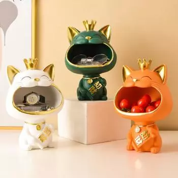 НОВЫЙ лоток для хранения ключей в виде короны удачи с большим ртом и котом, декоративное украшение, легкая роскошная скульптура для подарка на новоселье оранжевый