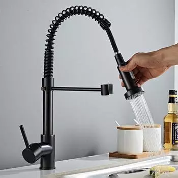 НОВЫЙ матовый черный кухонный смеситель на палубе, смеситель с вращением на 360 градусов, насадка-распылитель, кухонная раковина, краны для горячей и холодной воды include 60cm hose чёрный
