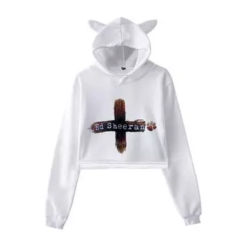 НОВЫЙ Модный Худи Кроп-Топ с Графическим Принтом Эда Ширана Каваии Смешной Свитшот с Ушками Кошки Укороченный Короткий Пуловер с Капюшоном Женские Топы Уличная Одежда XS белый
