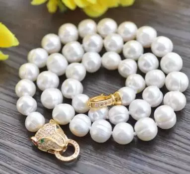 НОВЫЙ натуральный пресноводный белый жемчуг 9-10 мм, 18-дюймовая застежка в виде головы леопарда