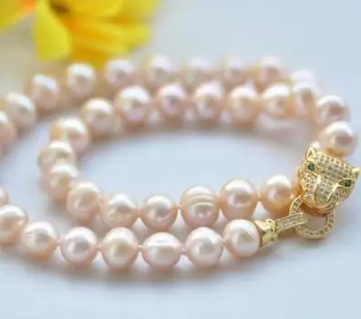 НОВЫЙ натуральный пресноводный розовый жемчуг 9-10 мм, 18-дюймовая застежка в виде головы леопарда