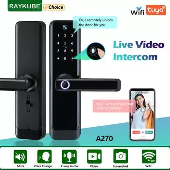 НОВЫЙ RAYKUBE A270 Tuya Wifi двусторонняя аудио-видеодомофон камера со сканером отпечатков пальцев умный дверной замок с приложением удаленная разблокировка видеозапись Black