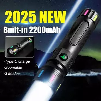 НОВЫЙ самый мощный фонарик со встроенным аккумулятором, портативный фонарь, перезаряжаемая светодиодная лампа, водонепроницаемый фонарь для походов и работы чёрный