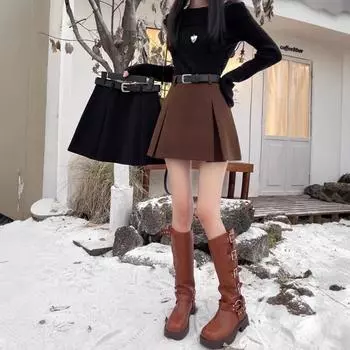 Новая 2024 шикарная ретро шерстяная мини-юбка А-силуэта с высокой талией и складками для женщин 2XL