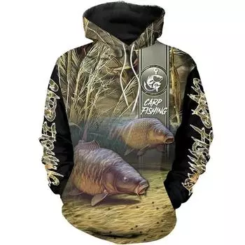Новая 3D-печать с рисунком карпа в виде толстовки с капюшоном для охоты на рыбу на открытом воздухе, мужская толстовка, мода, большие размеры, топы sudaderas S