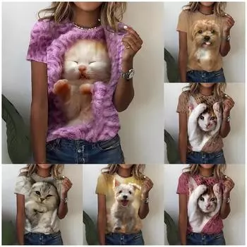 Новая 3D-печатная рубашка с рисунком котенка, модная женская рубашка с круглым вырезом, свободного покроя, в стиле Y2K, с коротким рукавом, из дышащего материала S