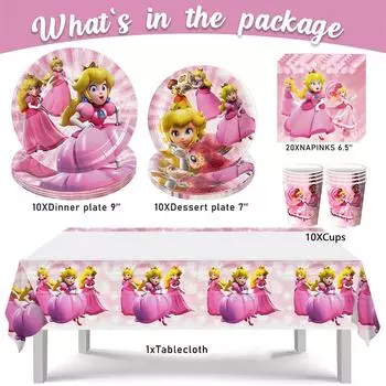 Новая 51 шт. Принцесса Пич Праздничная Посуда Включает Скатерть Бумажные Тарелки Салфетки Стакан