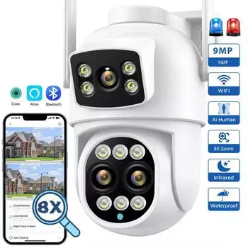 Новая 9-мегапиксельная PTZ-камера ЕС с Wi-Fi, двойной экран, 8-кратный цифровой зум, обнаружение человека, наружная охранная защита, IP-камера видеонаблюдения iCSee
