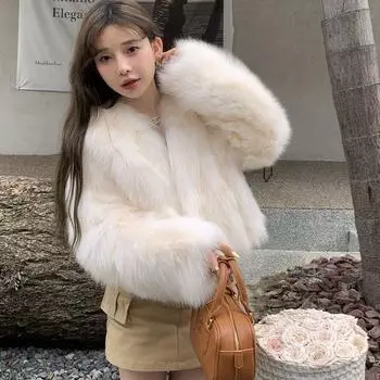 Новая экологическая шуба из лисьего меха женская осенне-зимняя шуба с мелким цветком молодежная модная короткая женская одежда S
