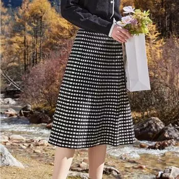 Новая эластичная юбка женская талия высокая черно-белая зимняя и осенняя шахматная доска клетчатая повседневная вязаная миди женщины