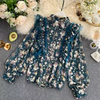 Новая элегантная блузка с рюшами, женская модная винтажная рубашка с рукавами-фонариками и цветочным принтом, весенняя блузка 2020n