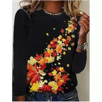 Новая элегантная и модная женская футболка с круглым вырезом, длинными рукавами и цветочным принтом, удобная женская футболка S
