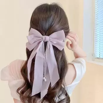 Новая элегантная заколка для волос с бантом и лентой для женщин, длинные кисточки, жемчужная булавка, бант из сатина, заколка для волос, ретро повязка на голову, аксессуары для волос для девочек