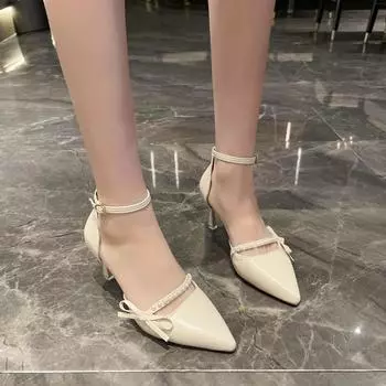 Новая элегантная женская обувь с острым носком на шпильке и жемчужным бантом, летняя модная пикантная обувь на высоком каблуке для банкетных вечеринок, Chaussure Femme 34
