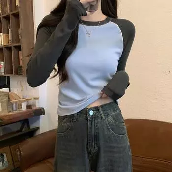 Новая американская ретро-футболка с длинными рукавами спереди для женщин с облегающим кроем и узким внутренним нижним краем рубашки S