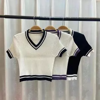 Новая американская винтажная белая трикотажная футболка с коротким рукавом и V-образным вырезом, укороченная футболка с высокой талией, женская модная футболка One size