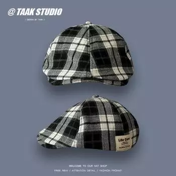 Новая анти-утиная шляпа модный бренд нишевая клетчатая шляпа вперед литературный берет дети осень и зима M56-58cm чёрный