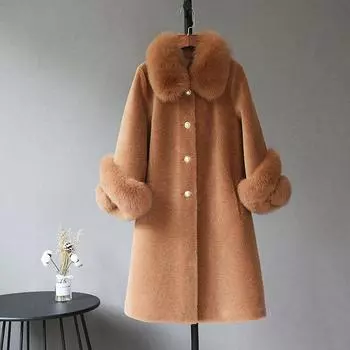 Новая антисезонная женская шуба из овечьей шерсти средней и длинной зернистой лисьей шерсти с воротником M