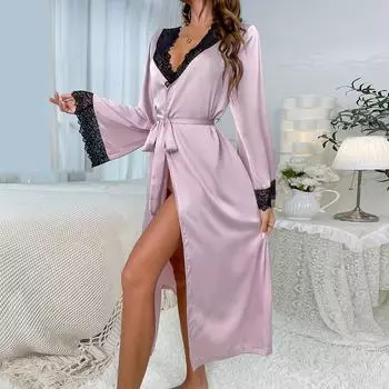 Новая атласная пижама женская кружевная легкая роскошная ночная рубашка с длинными рукавами халат женская одежда S