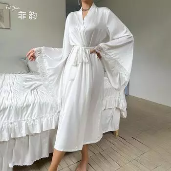 Новая атласная пижама женская кружевная легкая роскошная ночная рубашка с длинными рукавами халат женская одежда S чёрный