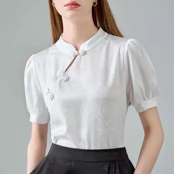 Новая атласная рубашка в китайском стиле Acetic Acid для женщин на лето Новая красивая рубашка с короткими рукавами в китайском стиле S белый