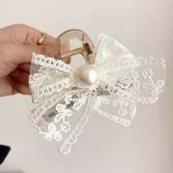 Новая белая кружевная заколка для волос с жемчугом и бантом для женщин, для девочек, шпилька, заколка-краб, бант, бабочка, корейская, винтажная, популярная бижутерия, аксессуары