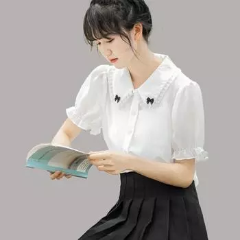 Новая белая рубашка женская японская блузка с короткими рукавами XS