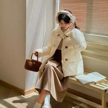 Новая белая утиная пуховая куртка с кружевом, утолщенная, короткая, женская, с роговой пряжкой, пальто для колледжа one size fits all