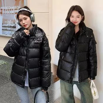 Новая блестящая одежда из пуха, одинаковая для мужчин и женщин, короткая утепленная черная хлопковая куртка с капюшоном, модная утепленная одежда S чёрный