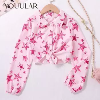 Новая блузка для девочек, весна 2024, розовая рубашка с длинными рукавами и принтом звезд для девочек 8Y розовый