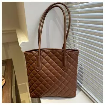 Новая большая вместительная сумка-тоут с ромбами в иностранном стиле для повседневной вышивки нитками, простая однотонная, на одно плечо, подмышками, большая коричневый