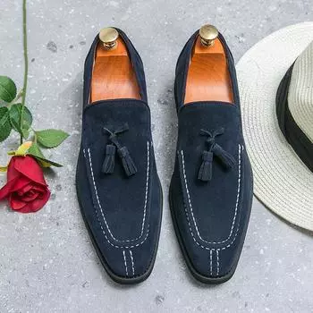 Новая британская мода Мужские остроносые сине-фиолетовые лоферы слипоны с кисточками Повседневная обувь Формальная обувь для свадебного платья Zapatos Hombre 38