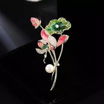 Новая брошь ручной работы с эмалью «Цветок растения» Niche Premium Delicate Zircon Natural Pearl Lotus Pin