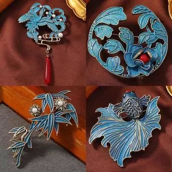 Новая брошь в виде золотой рыбки в китайском стиле с имитацией выжженной синей капли масла, простая элегантная булавка, аксессуары для корсажа в стиле ципао