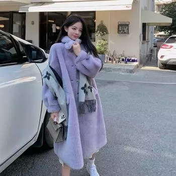 Новая цельношерстяная шуба, женская шуба из овечьего меха, цельная овечья флисовая шуба средней длины с воротником-стойкой S