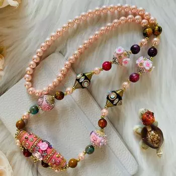 Новая цепочка из бусинок ручной работы с розовыми элементами богемной тяжелой промышленности, инкрустированная на подвесном колье из веревки. 36cm розовый