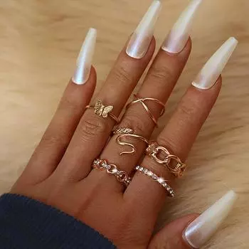 Новая цепочка из Европы и США с металлическим элементом в стиле ретро, бриллиантовое полое кольцо в виде бабочки, креста, змеи, набор из 6 предметов