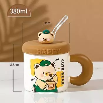 Новая чашка с трубочкой и крышкой, керамическая чашка с рисунком утенка, высокая ценность, большая емкость, большая чашка для девочек, термостойкая чашка 380ML