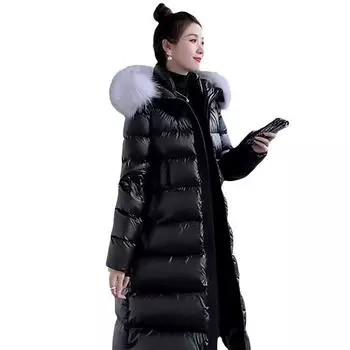 новая черная и золотая глянцевая хлопковая одежда большой меховой воротник длинная тонкая и утолщенная длинная одежда женская хлопковая подкладка S