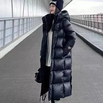 Новая черная и золотая куртка-пуховик для мужчин и женщин с одинаковым свободным капюшоном до колена. Утолщенное зимнее пальто на белом утином пуху Northeast. S 90-60 kg чёрный