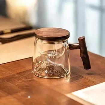 Новая черная стеклянная боковая деревянная ручка чашка для чая с крышкой и разделителем для чая стеклянная чашка для обзора гор 301-400ml прозрачный
