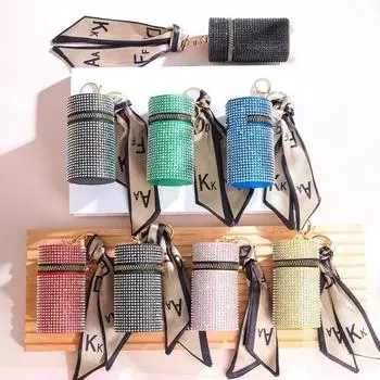 Новая цилиндрическая стильная мини-сумка для губной помады из искусственной кожи со стразами и шелковым шарфом, брелок для ключей, женский портативный кошелек на молнии, сумка для монет