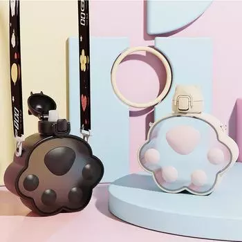 Новая детская бутылка для воды 400 мл с милой кошачьей лапкой, портативная бутылка для воды для спорта на открытом воздухе с регулируемым ремешком, соломенная чашка для детей 400ml чёрный