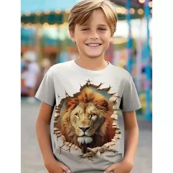 Новая детская футболка с 3D-принтом из мультфильма, симпатичная короткая футболка с круглым вырезом, футболка для мальчиков и девочек с короткими рукавами и 3D-принтом льва, жирафа, волка 170