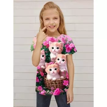 Новая детская футболка с милым принтом кота, летняя дышащая детская футболка с короткими рукавами для девочек, высококачественный топ, подарок на день рождения 100CM