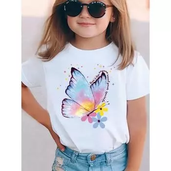 Новая детская футболка с принтом 3D-бабочки для девочек, летняя детская одежда, детский топ с коротким рукавом, модные футболки, детская футболка с круглым вырезом 4T(110cm)