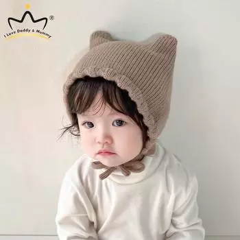 Новая детская шапка с милыми мультяшными ушками, однотонная мягкая хлопковая шапка для новорожденных, теплая защитная шапка с ушками для мальчиков и девочек, вязаные шапки one size бежевый